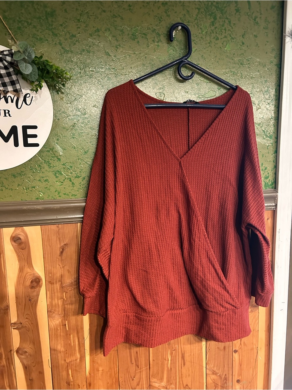 BloomChic V-Neck Waffle Knit Sweater - Rust